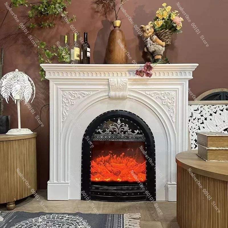 Elegant French Style Fireplace Cabinet Vintage Heating Console with Realistic Flame Effect Decorative Carved Mantel Storage