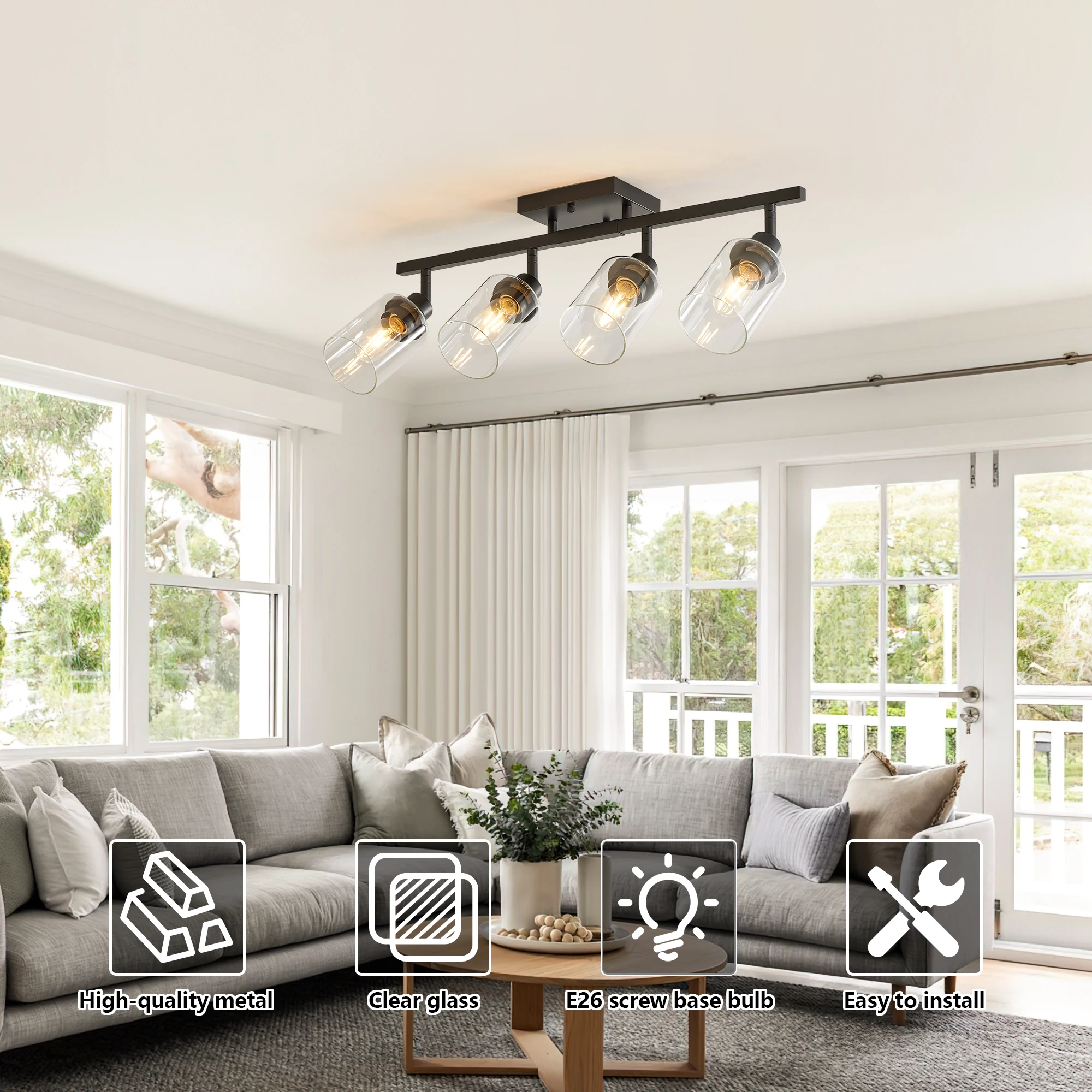 ARLGSITE 27.6-Inch 4-Light Matte Black Flush Mount Ceiling Light with Rotatable Heads, Clear Glass Shades, and E26 Sockets