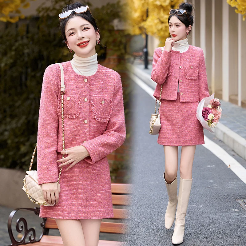 Ladies 2-Piece Coarse Woolen Suit Short Jacket And Skirt Set Spring Autumn New 2026 Small Fragrance Style