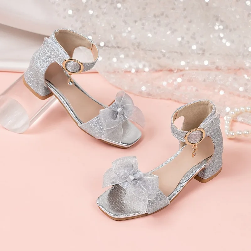 Children's Silver Glitter Sandals - Tulle Bow Decor Ankle Buckle Low Heel Sparkly Party Footwear for Kids Girl Shoes 27-37