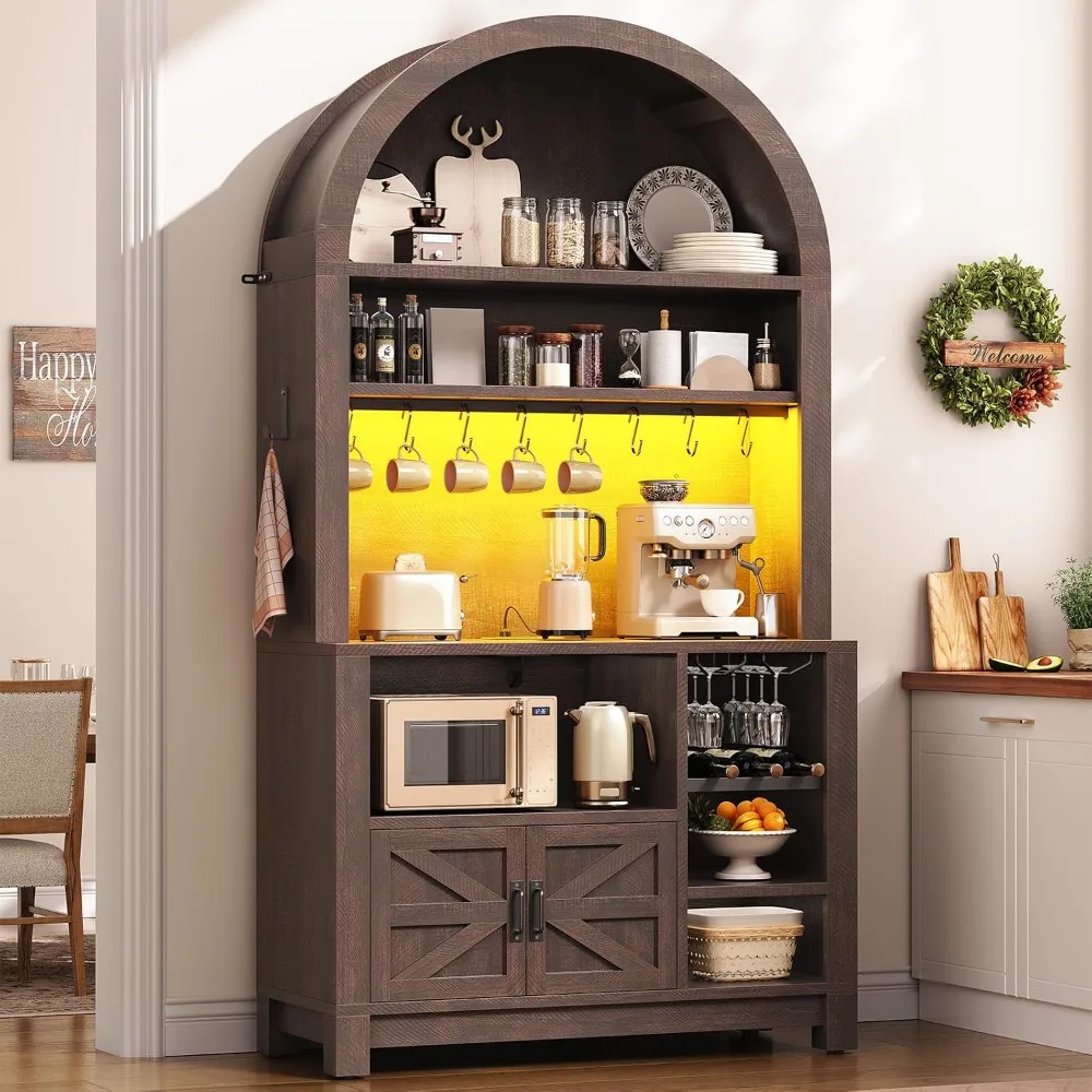 73 Tall Arched Bakers Rack with Power Outlet and LED Light Farmhouse Coffee Bar Cabinet Kitchen Microwave Stand Storage Brown