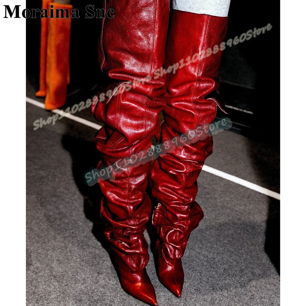 

Plus Size Thigh High Red Leather Pocket Boots Thin High Heel Shoes For Women Side Zipper Pointed Toe Catwalk Zapatos Para Mujer