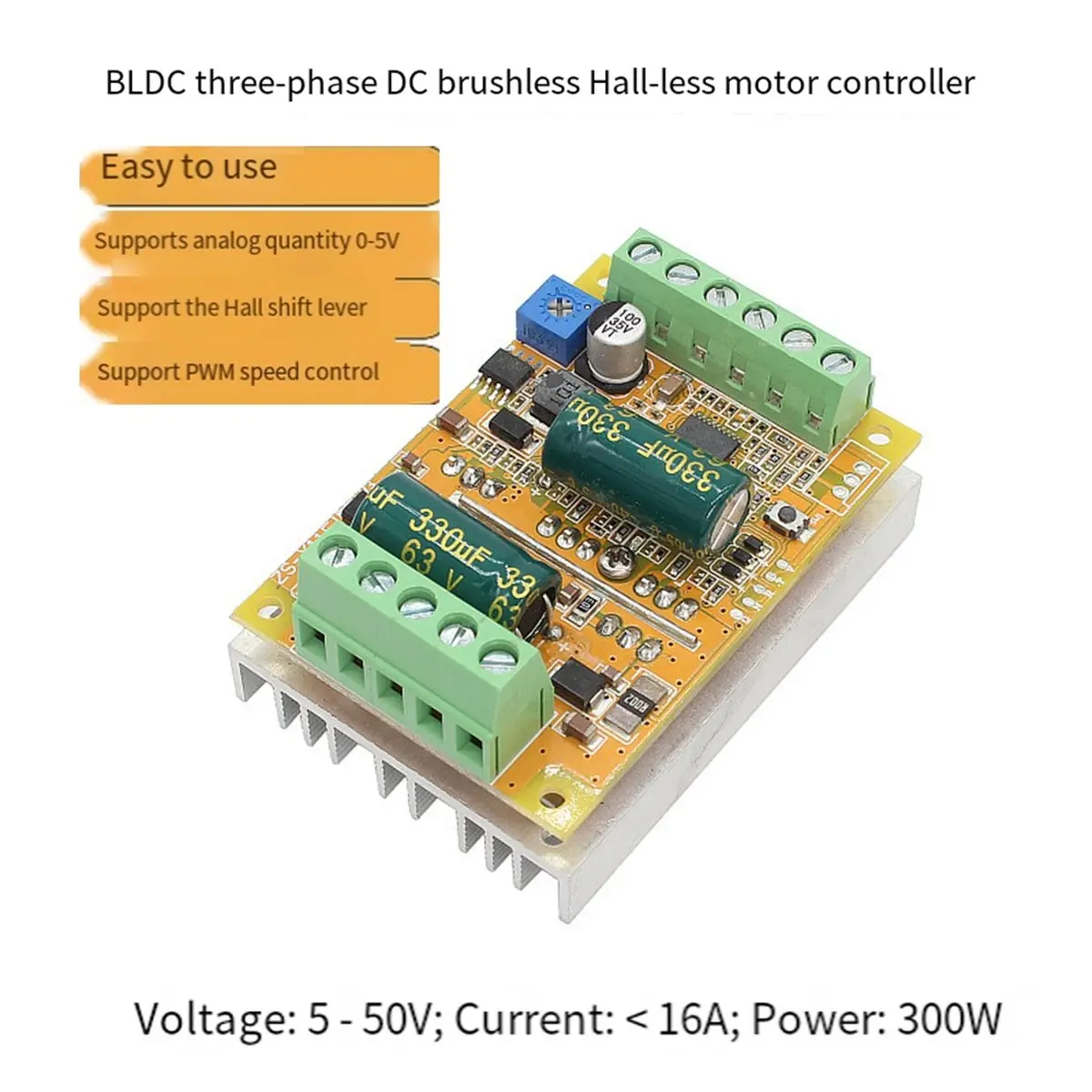 ABAN DC Brushless Motor PWM Controller DC 5-50V 12V 24V 48V 300W BLDC Three Phase No Hall Motor Control Driver Board