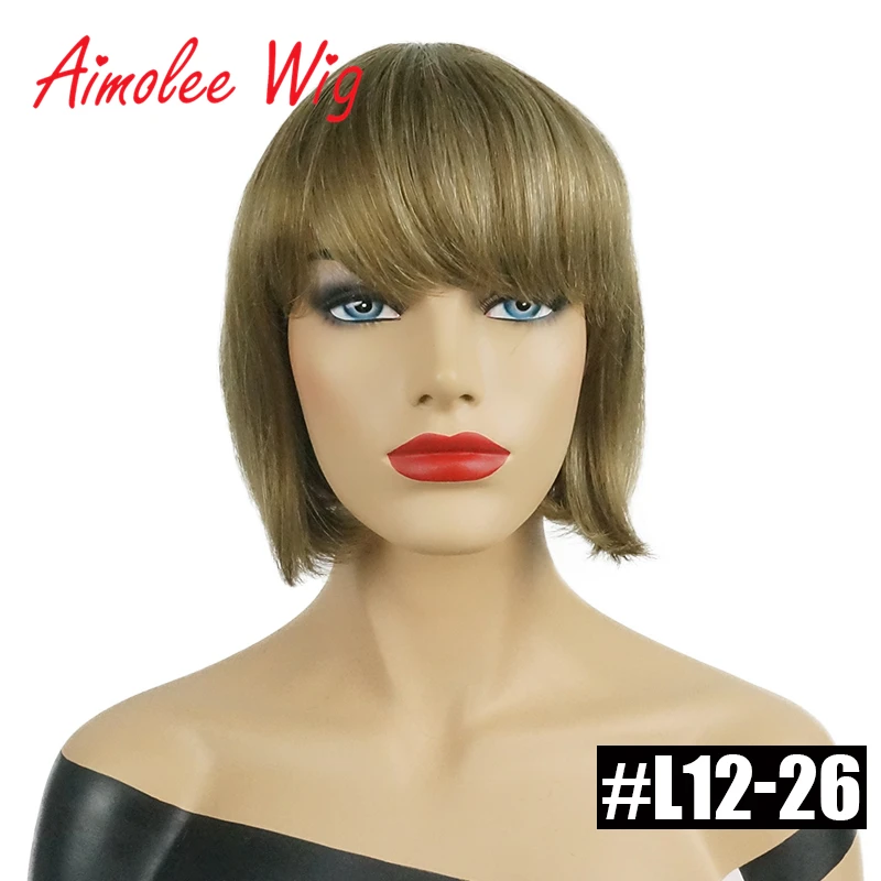 

Aimolee Short Straight Bob Style Wigs with Bangs Blonde Highlights Human Hair Blend Synthetic Wigs for Women
