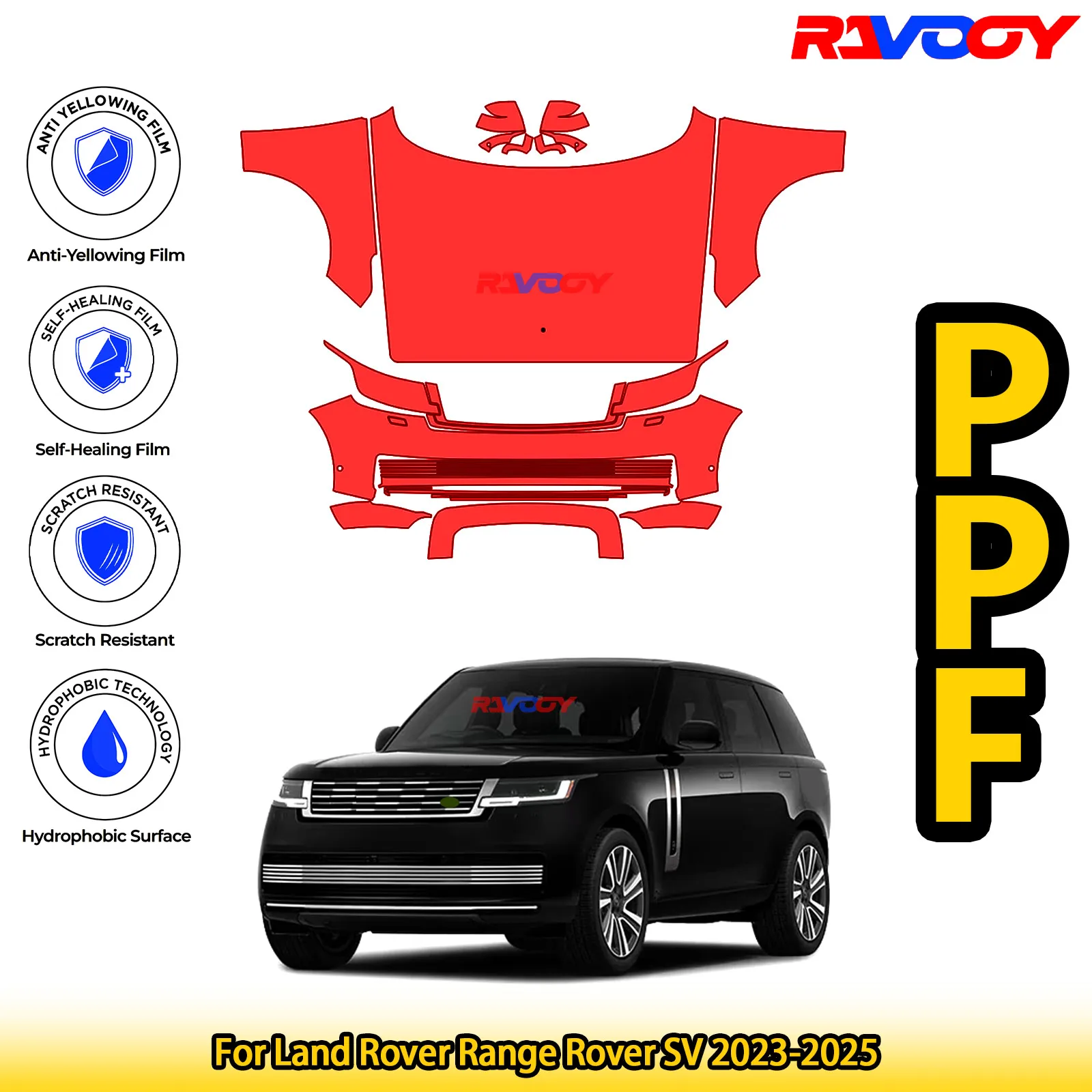 

Для Land Rover Range Rover SV 2023-2025 глянцевая матовая черная предварительно вырезанная передняя защитная пленка PPF комплект