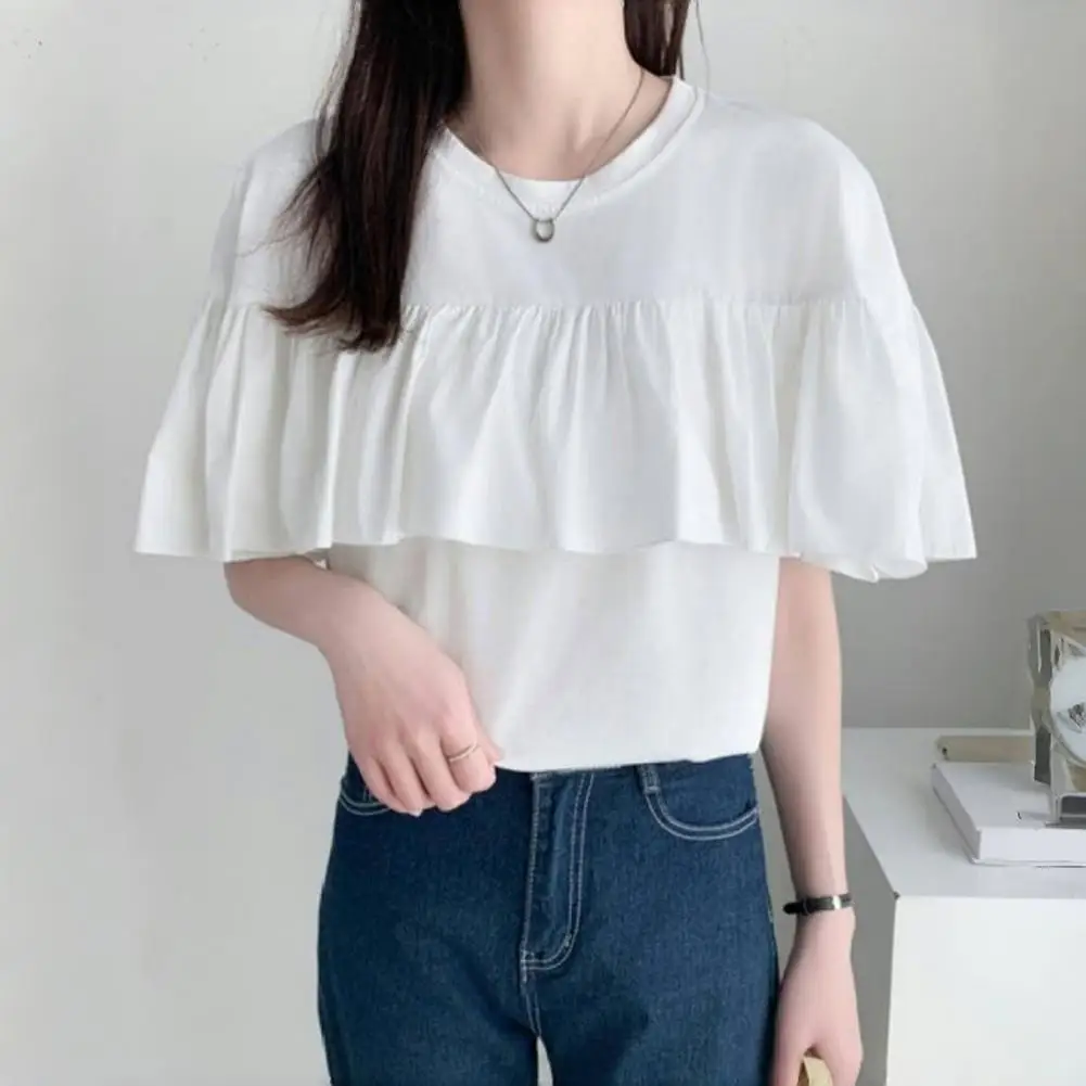 

Women Irregular Design Shirt Stylish Women's Summer T-shirts Irregular Ruffled Splicing Tops Solid Color Stretchy for Casual