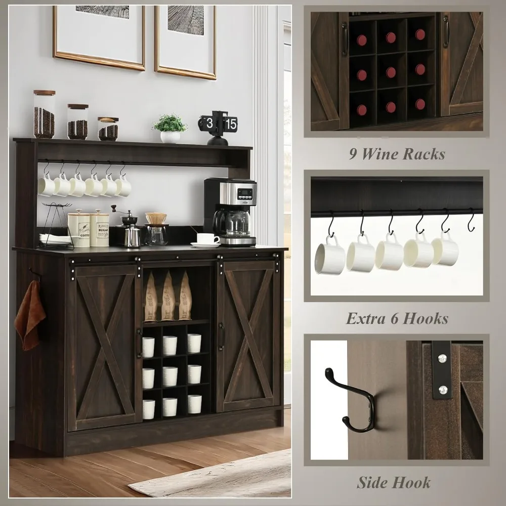 Coffee Bar Cabinet with 6 Hooks, 47” Liquor Wine Bar Cabinet with 9 Wine Racks,Buffet Storage Cabinet with Adjustable Shelves