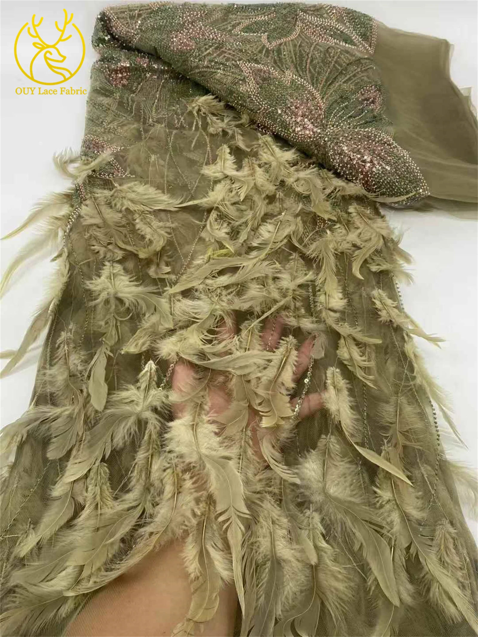 Luxury Handmade Feather 3D Feather Embroidery French Sequin Lace African Nigerian Bridal Lace Fabric Evening Dress Wedding