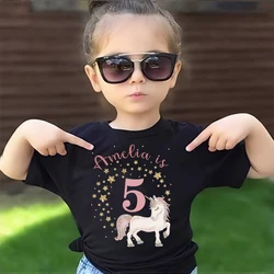 Personalized Birthday T-Shirt 1-9 Years Birthday Unicorn Tee Shirt Custom Name Kids Shirts Girls Party Outfit Short Sleeve Tops