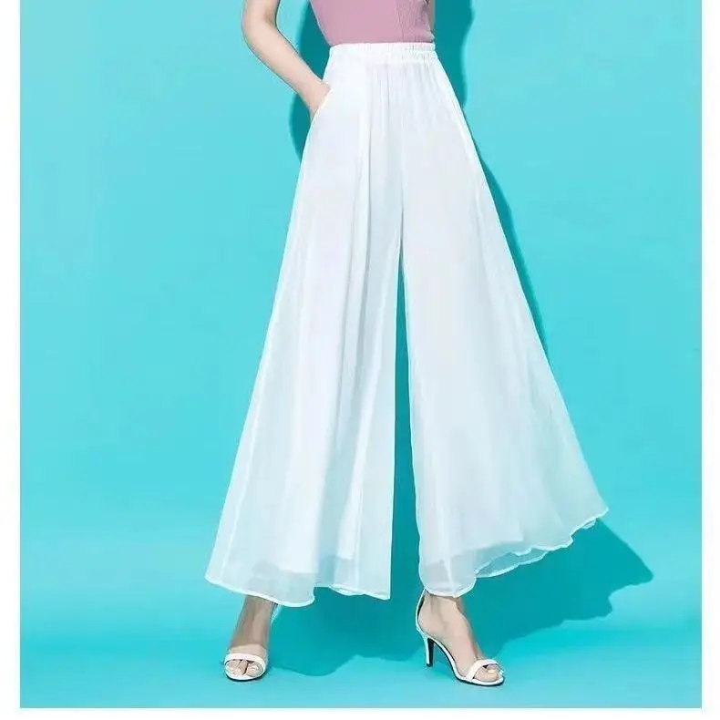 Summer New Ice Silk Chiffon Wide Leg Pants Women Ultra Lightweight Chiffon Nine Points High Waist Drape Slimming plus Size Tr...