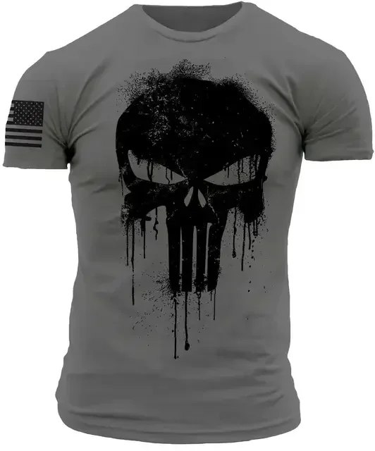 Summer Vintage Men's T Shirt Militar Skull Print Tees Casual Short Sleeve Pullover Oversized Man Clothing Outdoor O Neck T-Shirt image 5