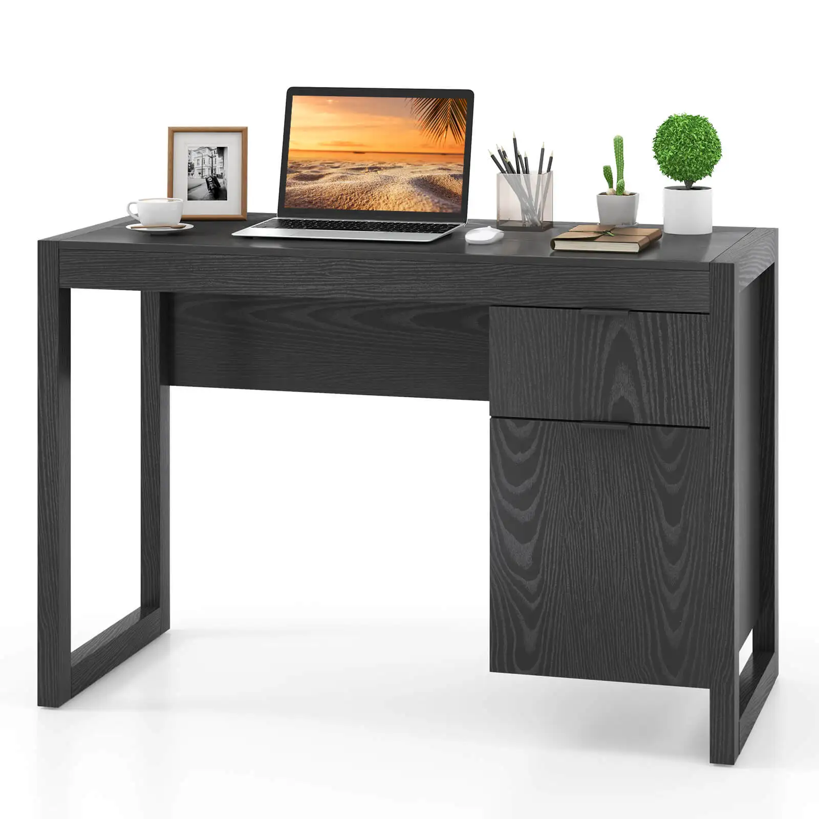 Computer Desk w/ Storage Cabinet Pull-out Drawer Stable Thick Legs for Bedroom