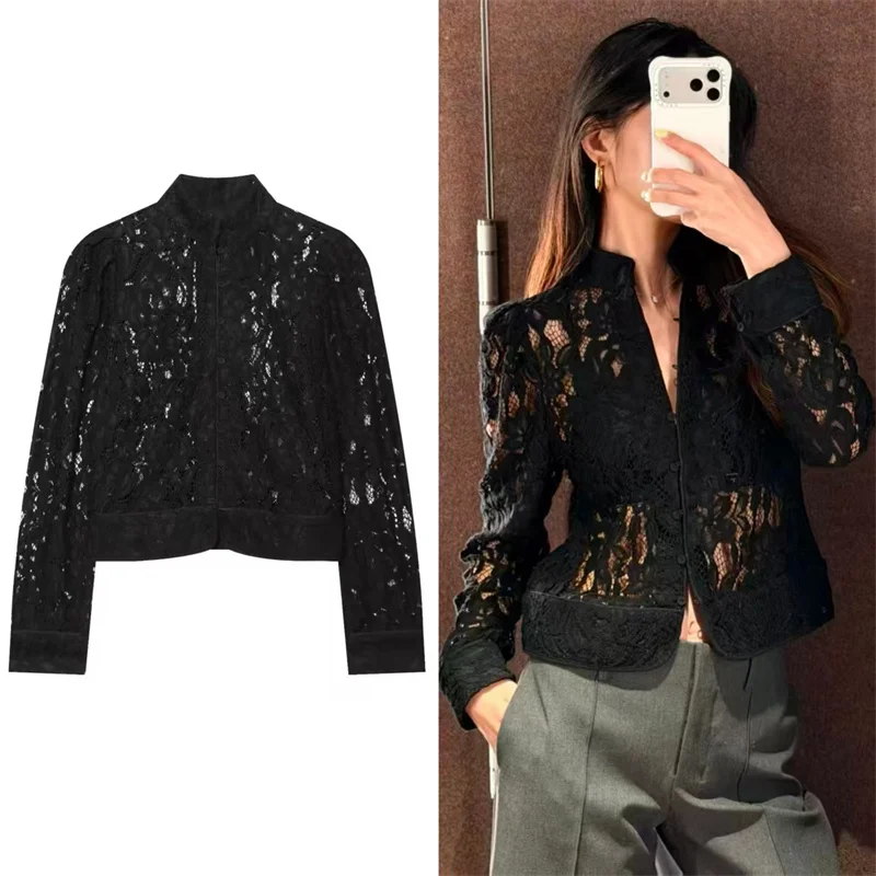 Guobioziy 2026 Fall New Arrival Women's Jacket Black Long-Sleeve Lace Hollow-Out Decorative Sexy See-Through Jacket Elegant