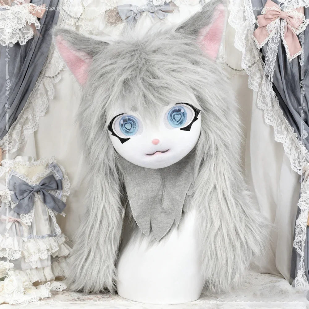 

Kigurumi Furry Animal Head Mask Complete Set Realistic Details-Adorable Lolita Style Cat Ear Plush Wearable Cosplay Costume