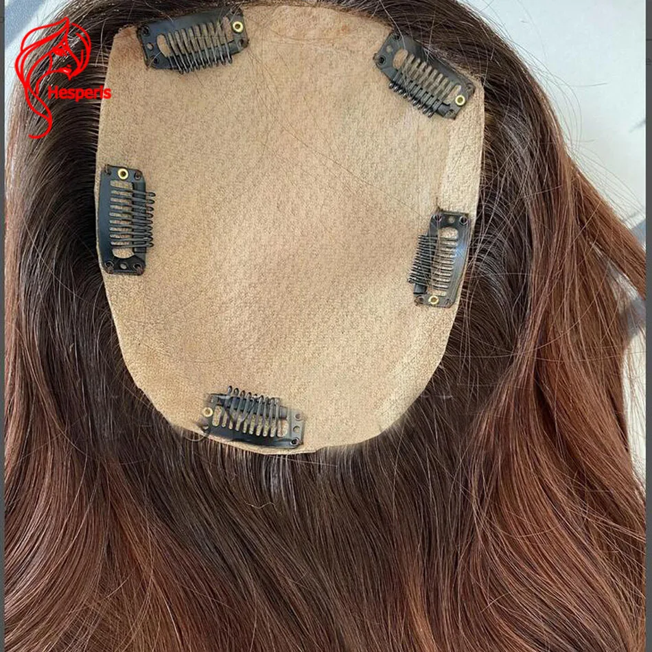 Hesperis Silk Base Human Hair Toppers 5*6 inches Ombre Dark Brown to Copper Brown Hairpieces with Thinning Crown Hair Toupee