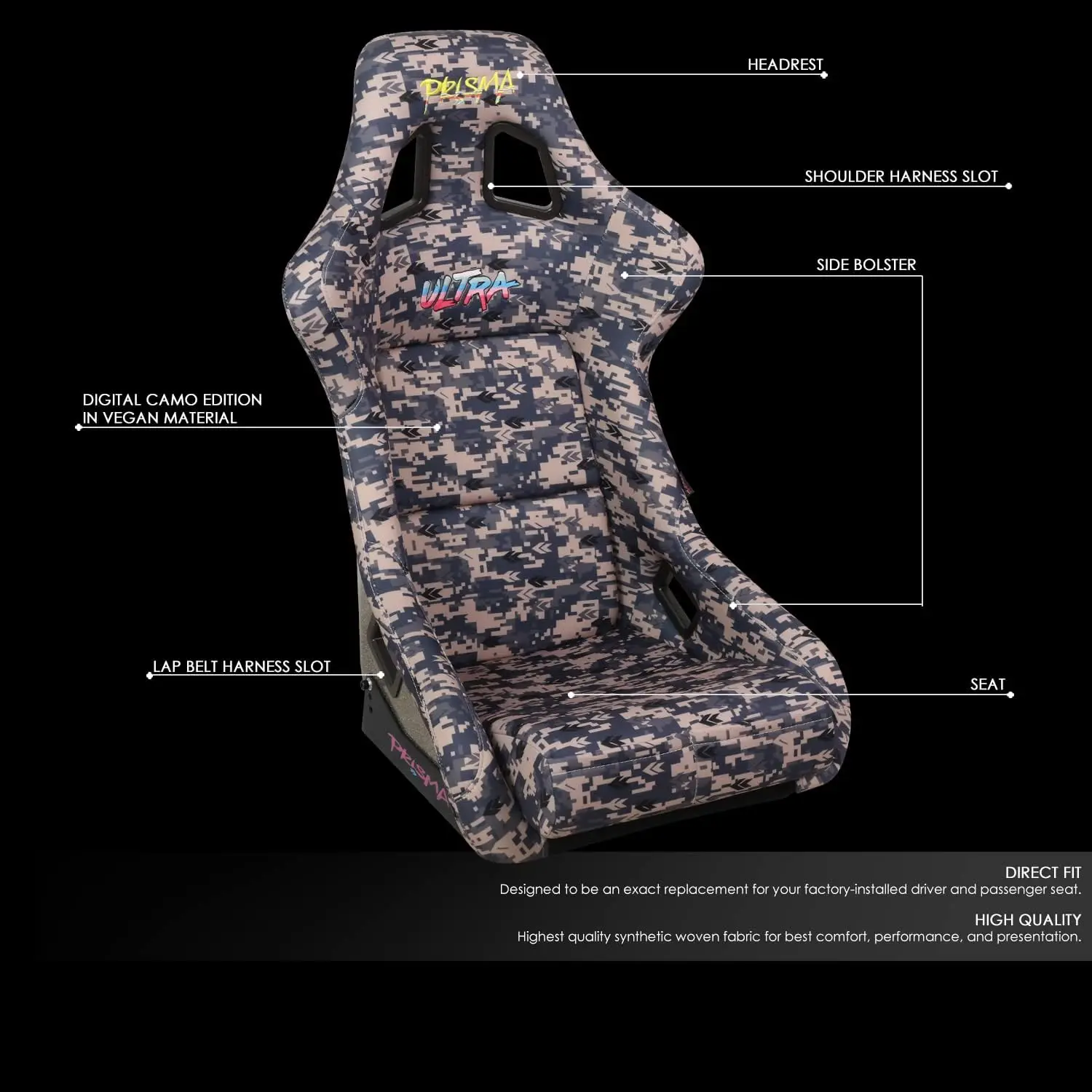 FRP-302-STORM Fiber Glass Grey Digital Camo Print Bucket Racing Seat, Silver Backrest Finish, vegan material w/Bottom Mount Brac