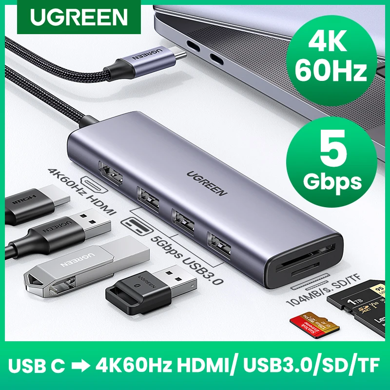 UGREEN HUB USB C 4K60Hz Loại C Thành HDMI 2.0 SD/TF Đầu Đọc Thẻ HUB Chia Cổng USB 3.0 Adapter dành Cho MacBook Pro Air M2 M1 Máy Tính Phụ Kiện