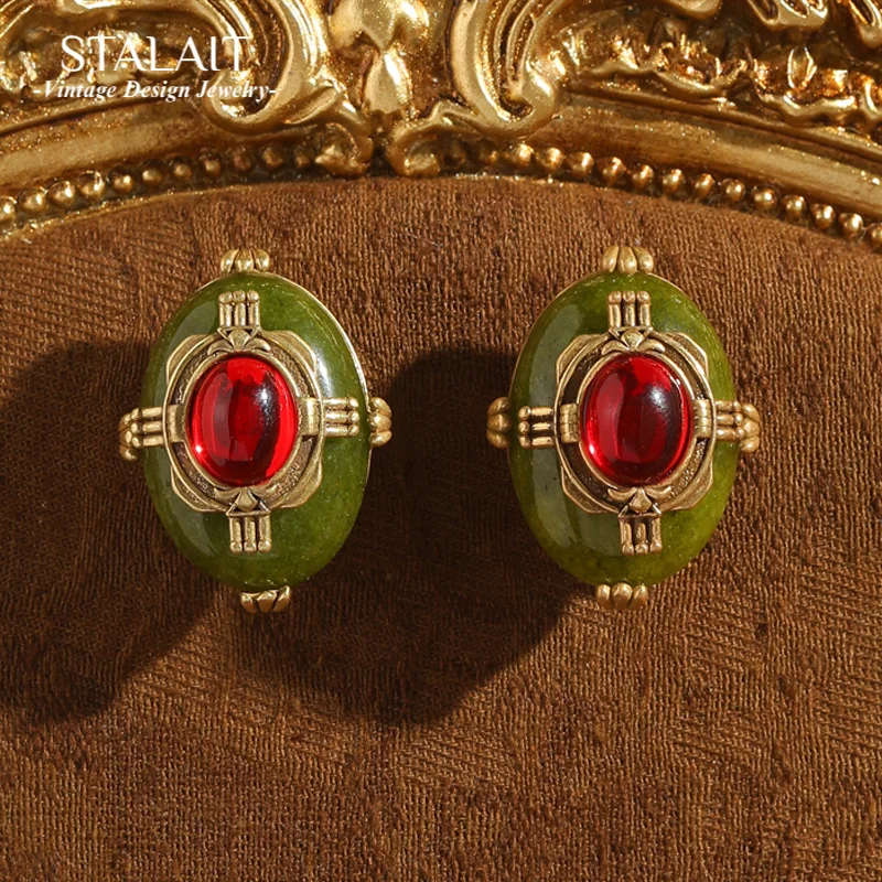 

Vintage Palace Green Earrings Enamel Red Glazed Stone Woman Gold Color Valentine Day Gift Luxury Quality Jewelry New 2025 Trend