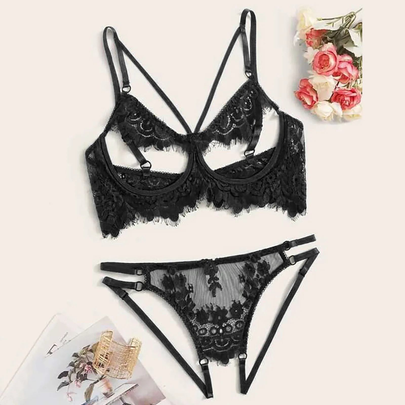 Open Cups Bra Set Lace Sexy Erotic Lingerie Women Underwear Porn Dress Exposed Open Bra with Open Crotch Panties Set