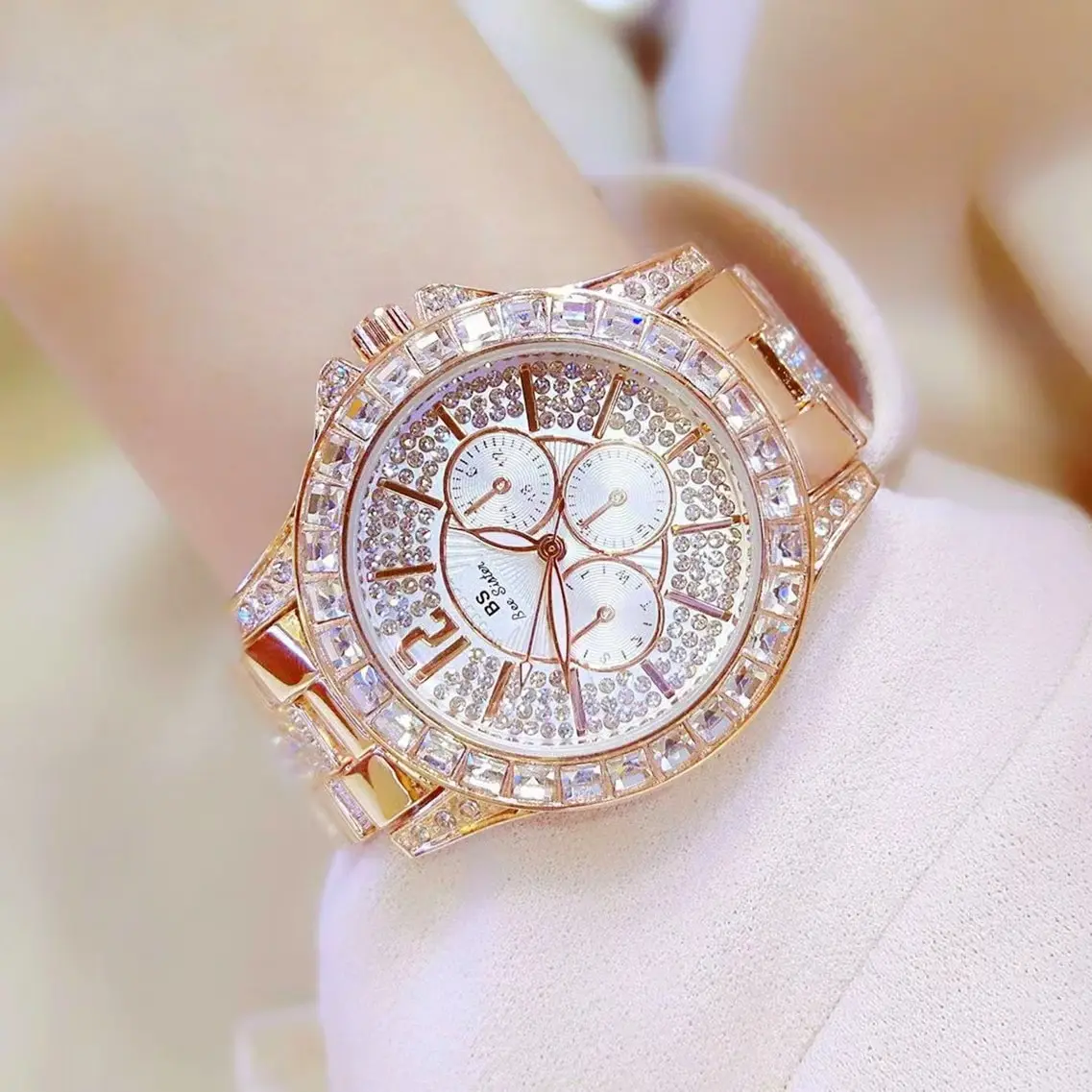 Pulsera de correa de cuarzo para mujer, reloj de diamantes de imitación cuadrados de plata, reloj de oro, fase lunar