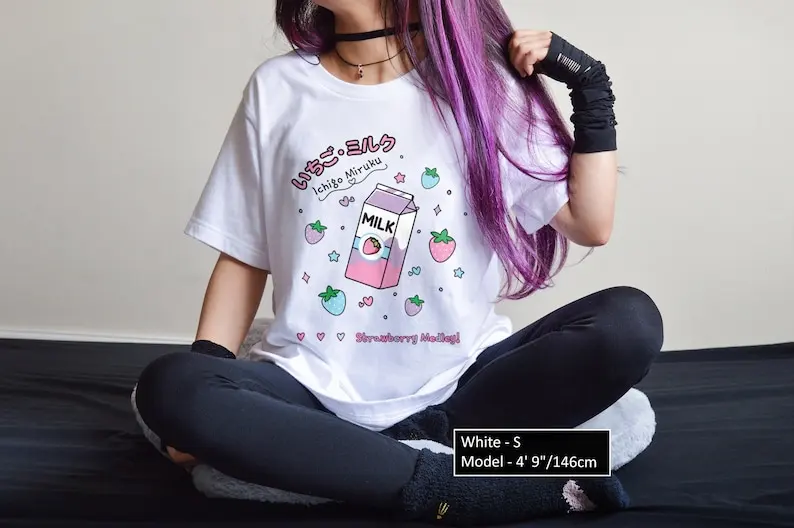 Harajuku Strawberry Milk Shirt Aesthetic Soft Cotton T-Shirt Ichigo Pastel Goth Cute Japanese Drink Lover Tee