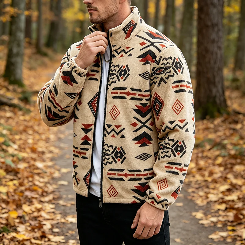 Autumn Mens Pattern Print Zip Up Stand Collar Jacket Fashionable Pattern Print Loose Long Sleeve Daily Casual Outerwear Male