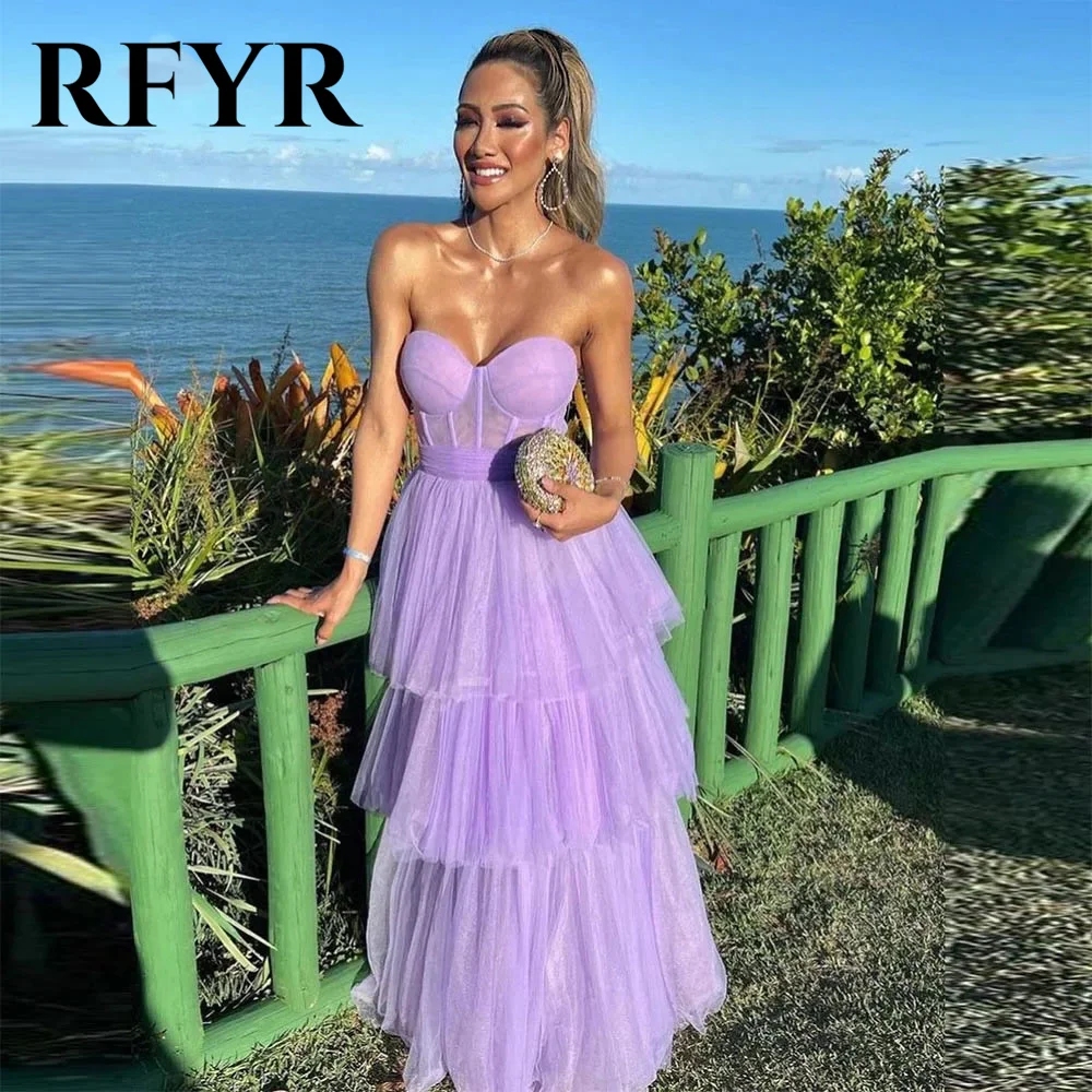 

RFYR Lavender Evening Dresses Tiered Ruffles Tulle Prom Dresses Sweetheart 프롬드레스 Sleeveless A-Line Pleat Ruched Formal Gowns