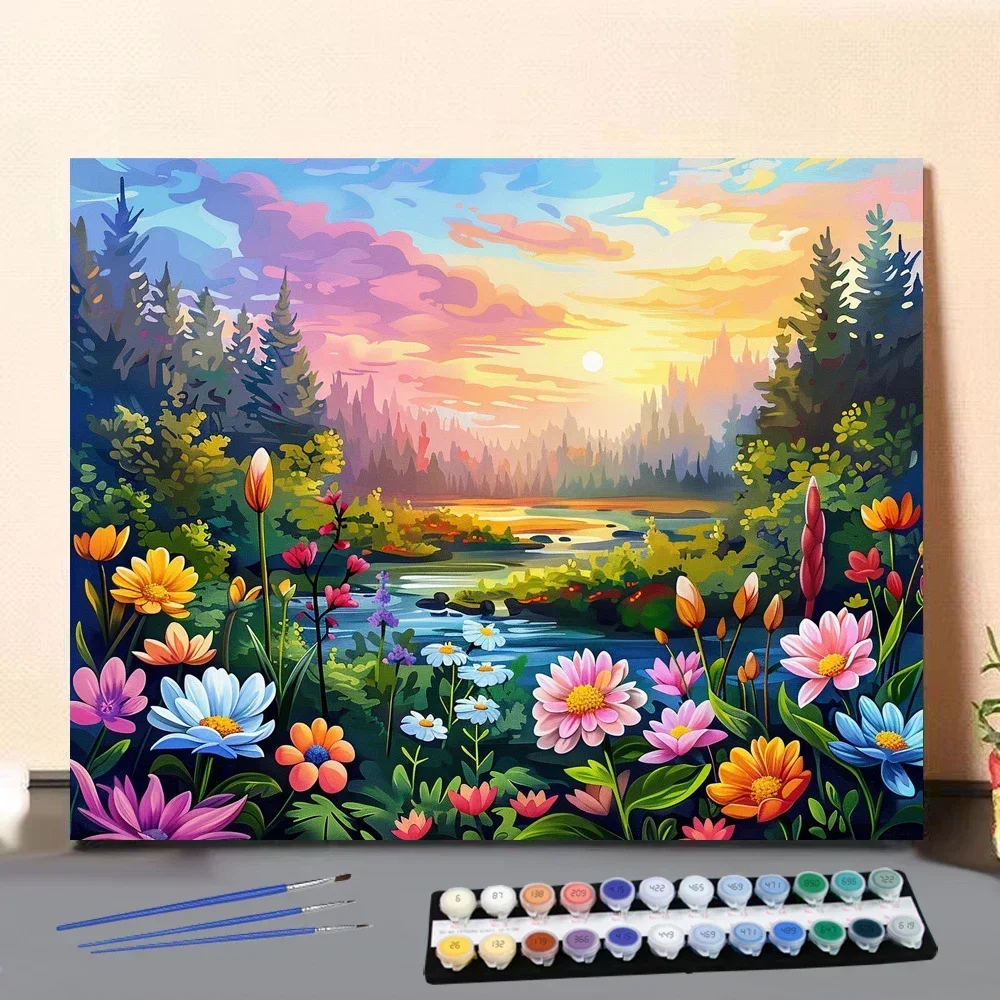 122833 Painting by Numbers Fields of Flowers in the Sunset Art and Culture Digital Painting Handmade Adult Children's Gifts