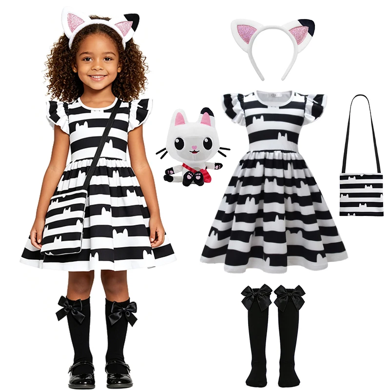 Doll Cat Gabby Cartoon Girl Dress Halloween Cosplay Birthday Party Children's Costume Carnival Striped Casual Cute Kids Clothes