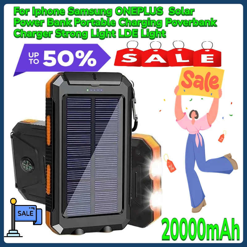 

For Iphone Samsung ONEPLUS 20000mAh Solar Power Bank Portable Charging Poverbank Charger Strong Light LDE Light