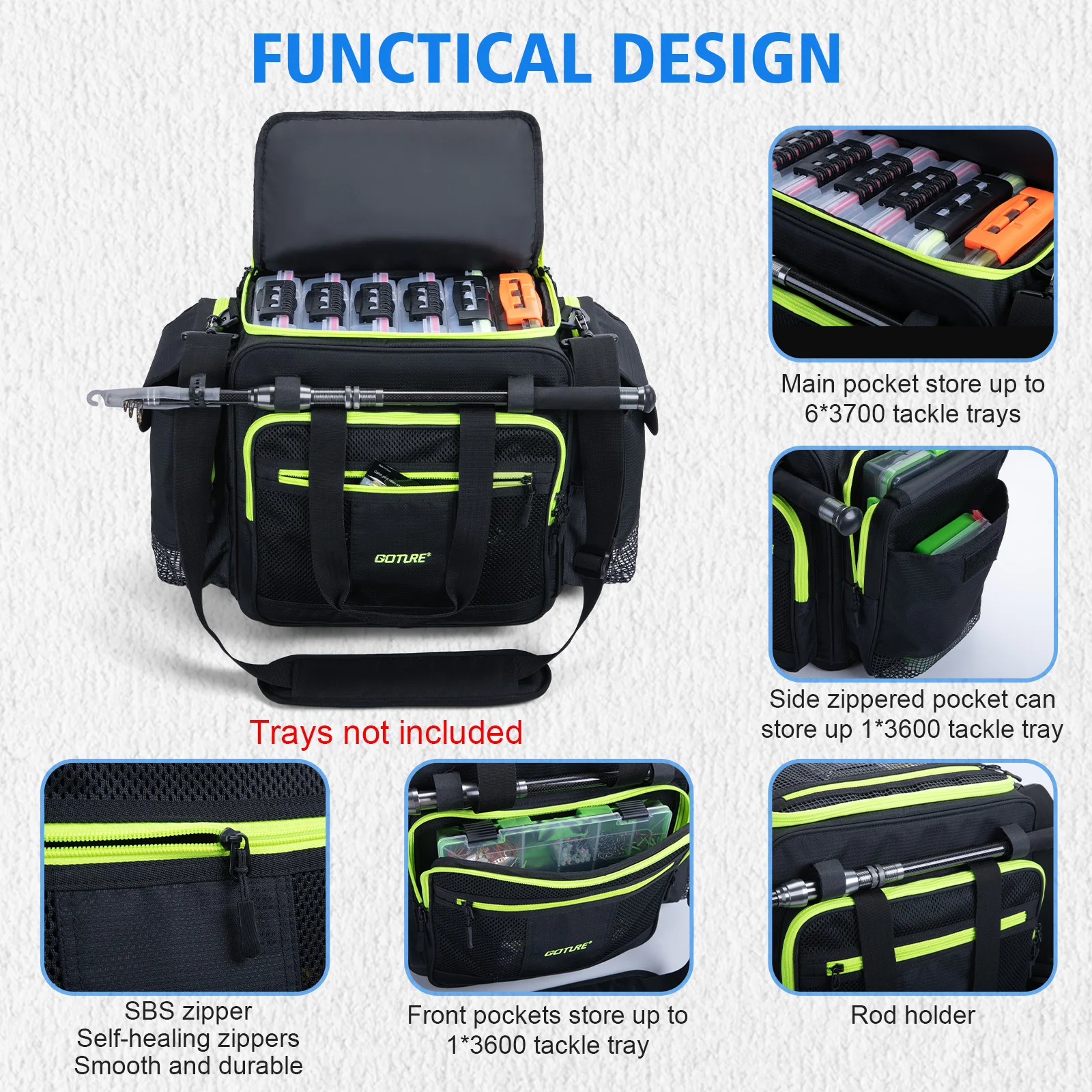 

Рыболовная сумка Goture 52 л большой вместимости из водонепроницаемой ткани Оксфорд с держателем для удилищ, вмещает 6 коробок для снастей, с ремнем для переноски, для рыбалки на открытом воздухе