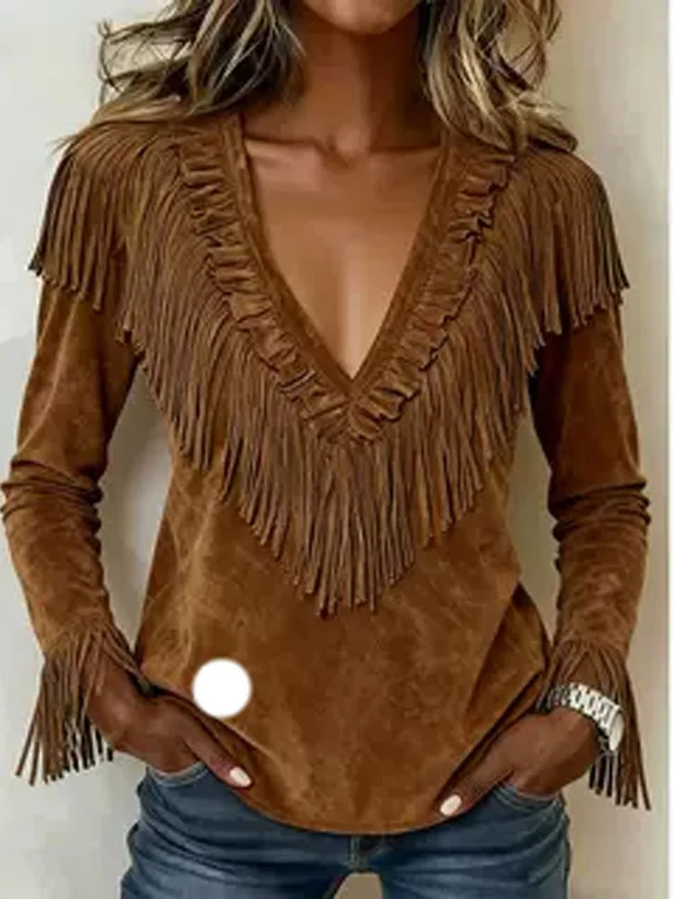 

Faionable Suede Autumn Winter Jaet Women's Slim Fit V-Ne Tassel Trim Outerwear European Sle Long Sve Coat