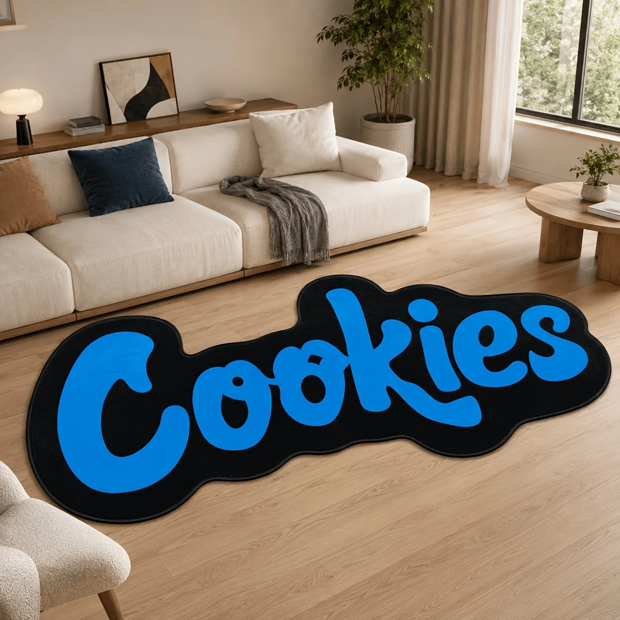 Stylish Cookies Letter Shaped Rug Bold Blue Text Print Non Slip Washable Floor Mat for Room Bedroom Streetwear Trend Home Accent
