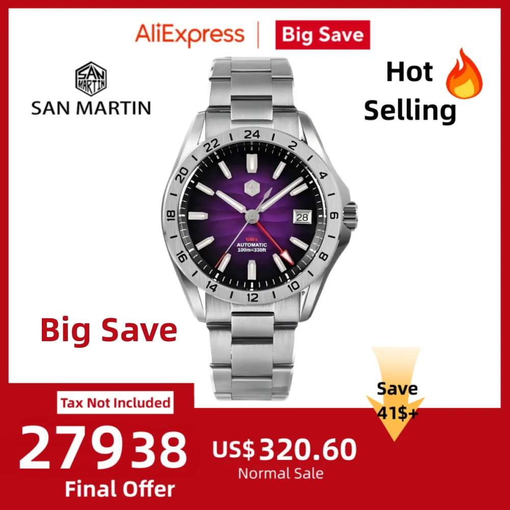 

San Martin 39 мм GMT Классические часы NH34 Автоматический роскошный циферблат с сапфировым стеклом 100 м Водонепроницаемые светящиеся часы SN0129-2