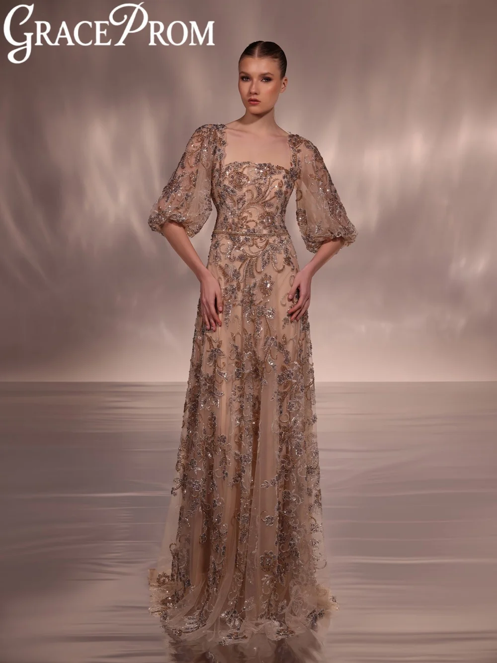 

New Opulent Beaded Evening Dress Modern Square Neck Long Wedding Party Gowns Customized Stunning Half Sleeve Banquet Gowns