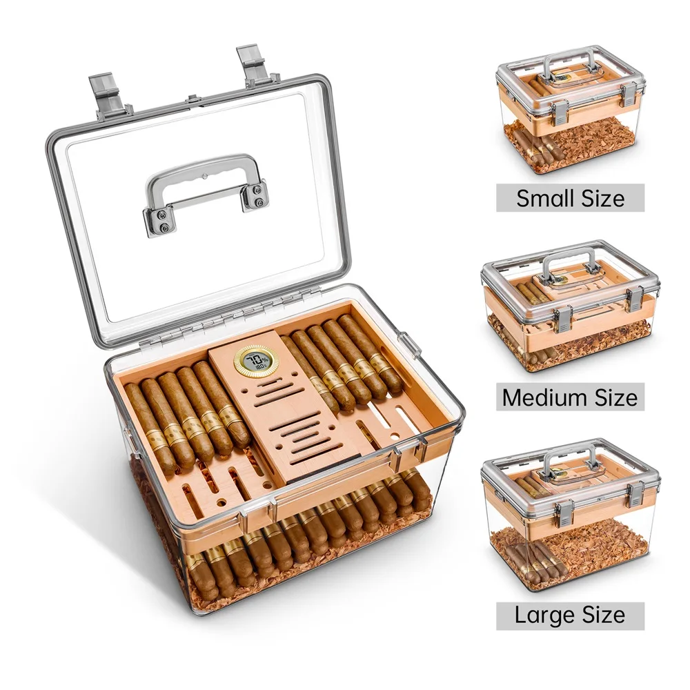 Cigar Case Portable Humidor with Humidifier Hygrometer Cedar Wood Sealed Transparent Box Moisturizing Travel Hold 70/80/100 Pcs