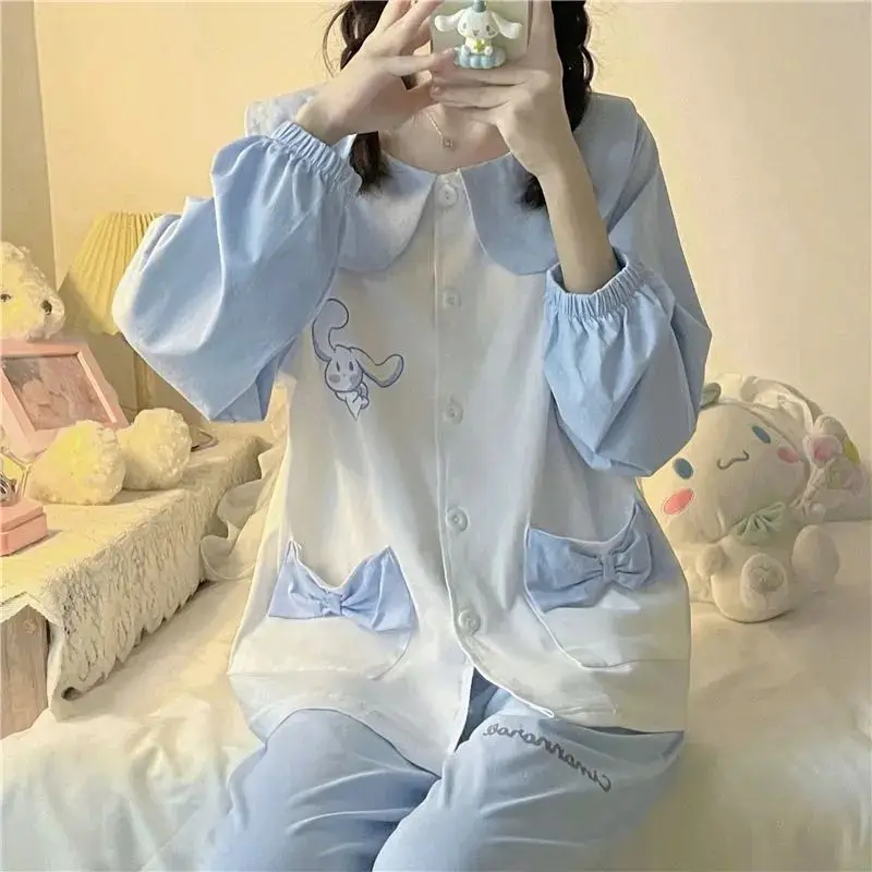 Sanrio 헬로 키티 봄 일본의 새로운 귀여운 달콤한 만화 잠옷 여성용 느슨한 긴 소매 바지 가디건 투피스 세트