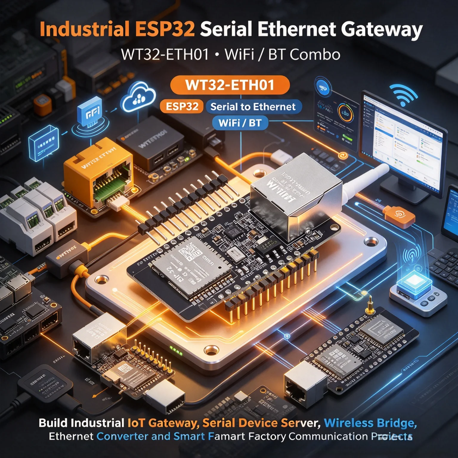 5Pcs WT32-ETH01 ESP32 Serial to Ethernet/WiFi/BT Combo Gateway Module