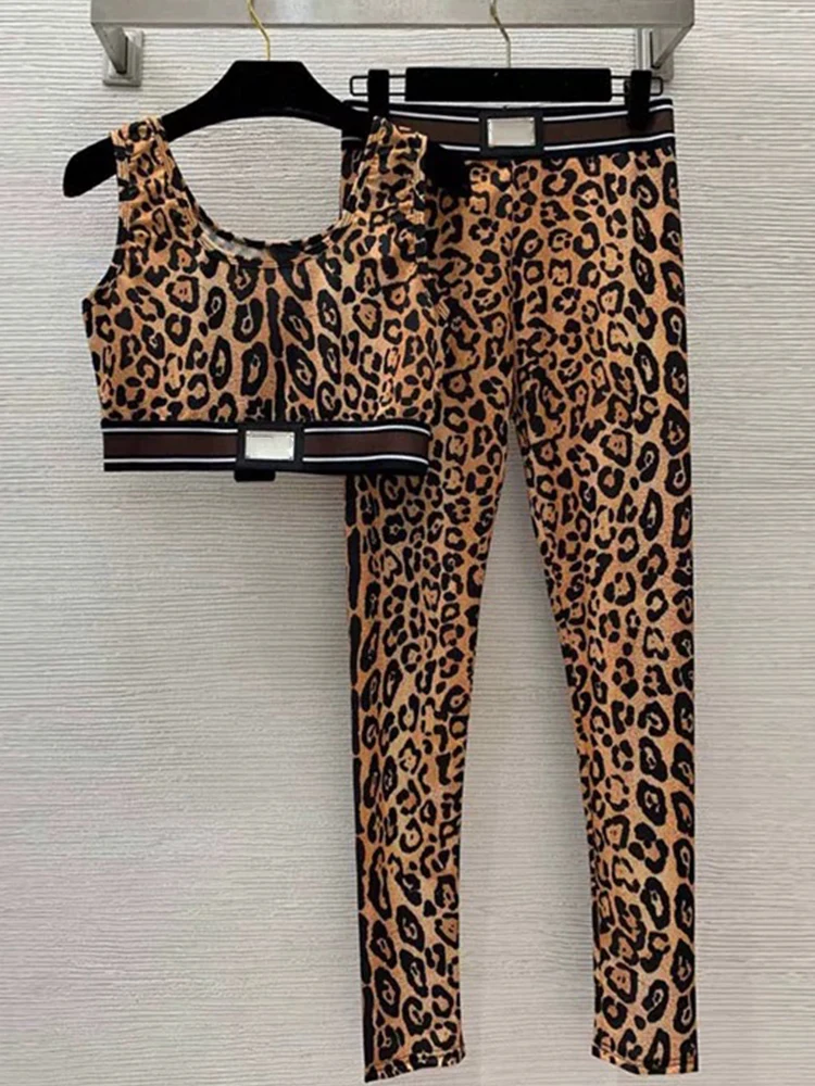 Retro Leopard print short suspender vest top 2025 summer women's new two-piece suit+high waist nine-point pants fashion suit