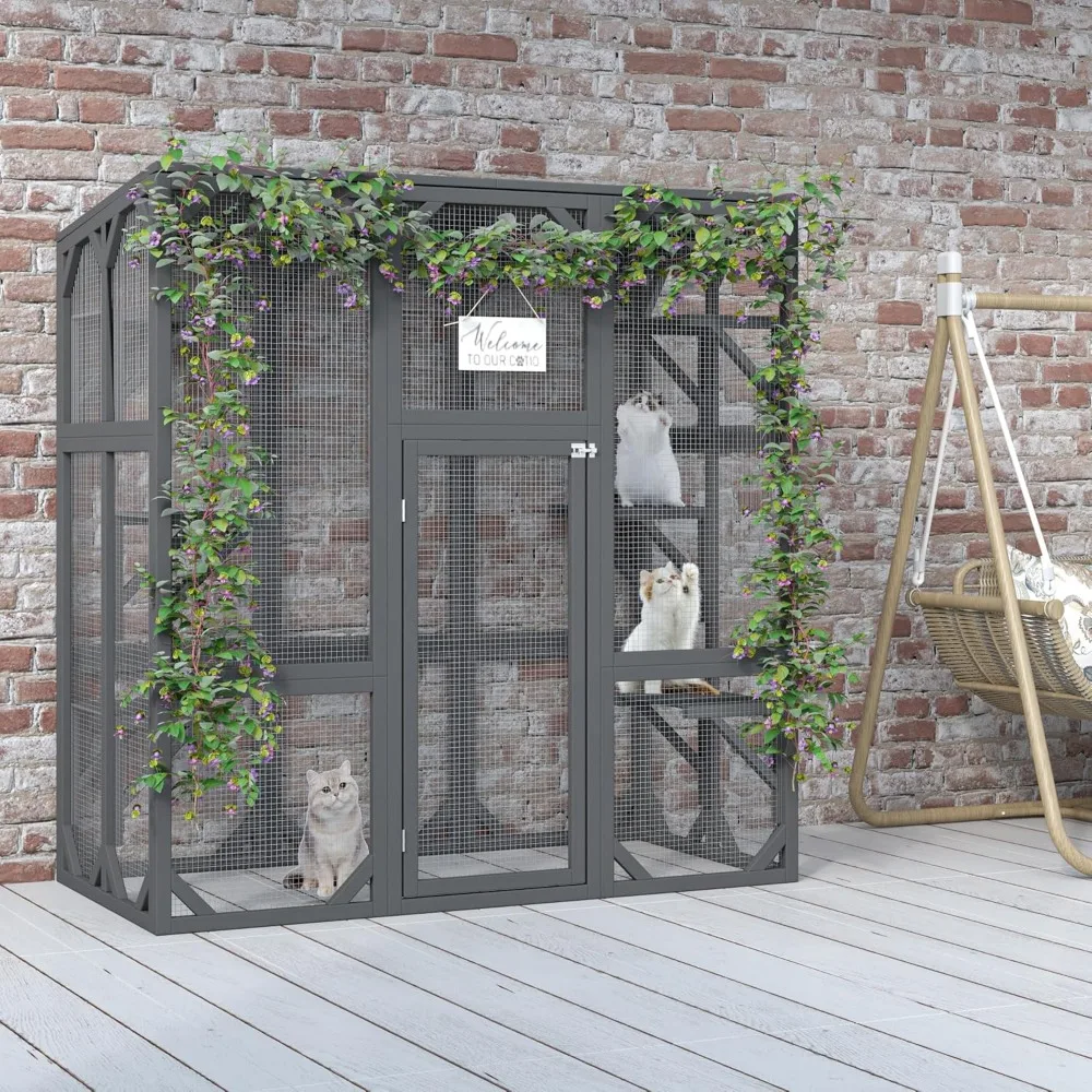 

Outdoor Wooden Cat House Catio,Large Cat Enclosure with 6 Platforms,Waterproof Roof,Secure Mesh Walls & Locking Door,Feral Cat S