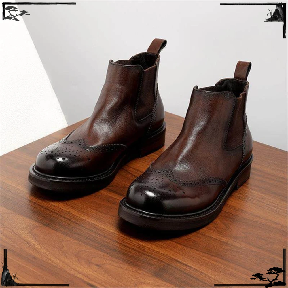 Vintage Washed Genuine Leather Boots For Men Retro British Style Carved Leather Cowboy Boots Durable Casual Mens Ankle Boots