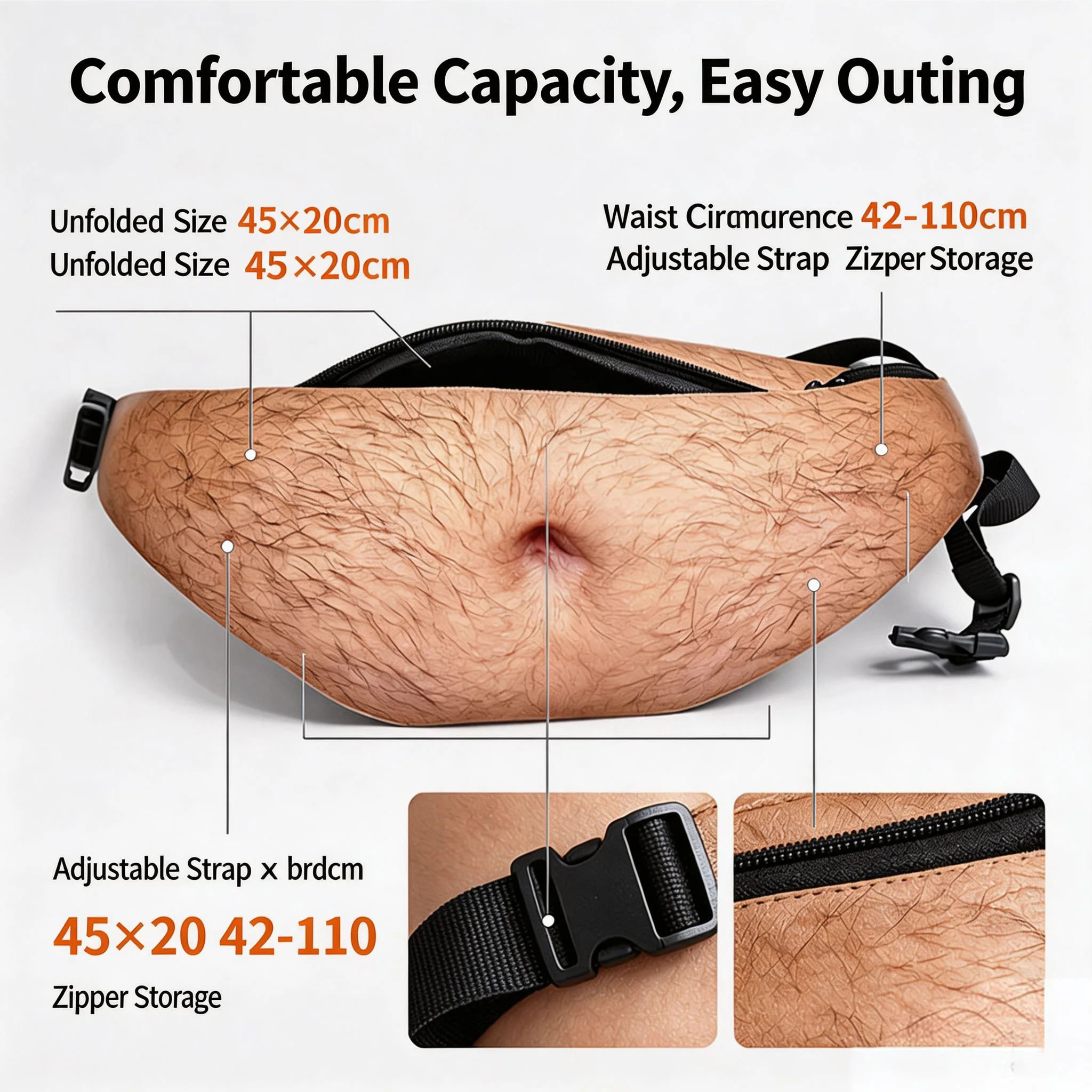 Funny Belly Waist Bag Novelty Fanny Pack Realistic Skin Design Adjustable Zipper Hip Bag Travel Gift for Men Women