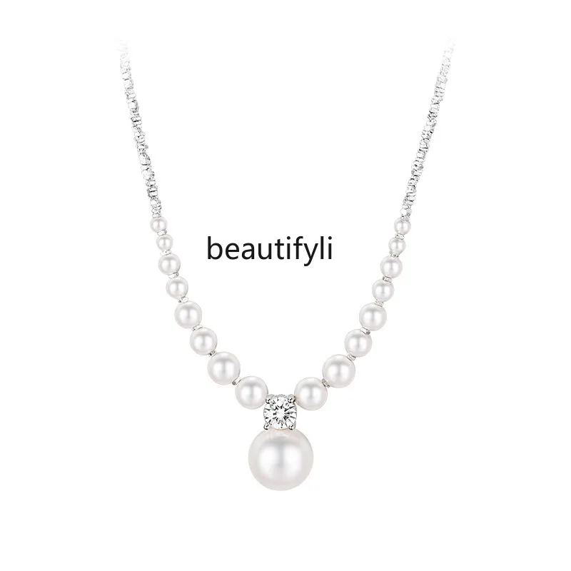 

Broken silver round pearl necklace gradual change beaded collarbone chain high sense neck chain women's exquisite freshwater