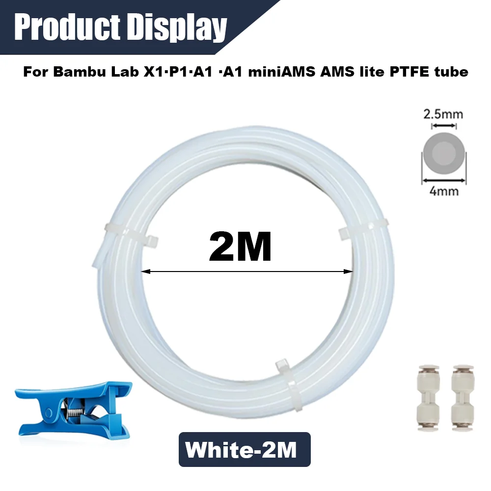 PTFE Rohr 2,5mm ID×4mm OD 5M für Bambu Lab X1/X1C/P1P/P1S/A1/A1 mini/AMS/AMS lite, mit Schneidwerkzeug & Steckverbindern, 3D Druck Schlauch