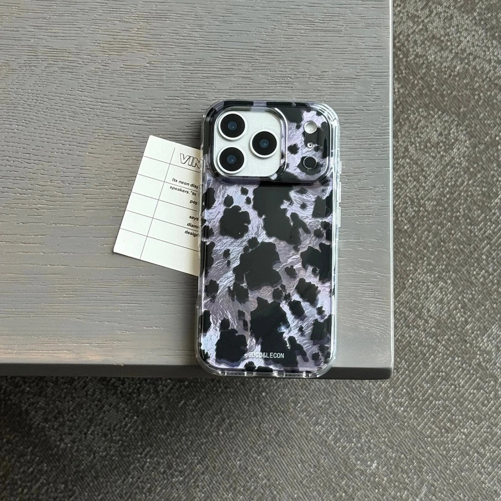 Creativity Graffiti Black Leopard Print Purple Tin Foil Pattern With Lanyard Phone Cover Case for iPhone 17 16 15 14 Pro Max