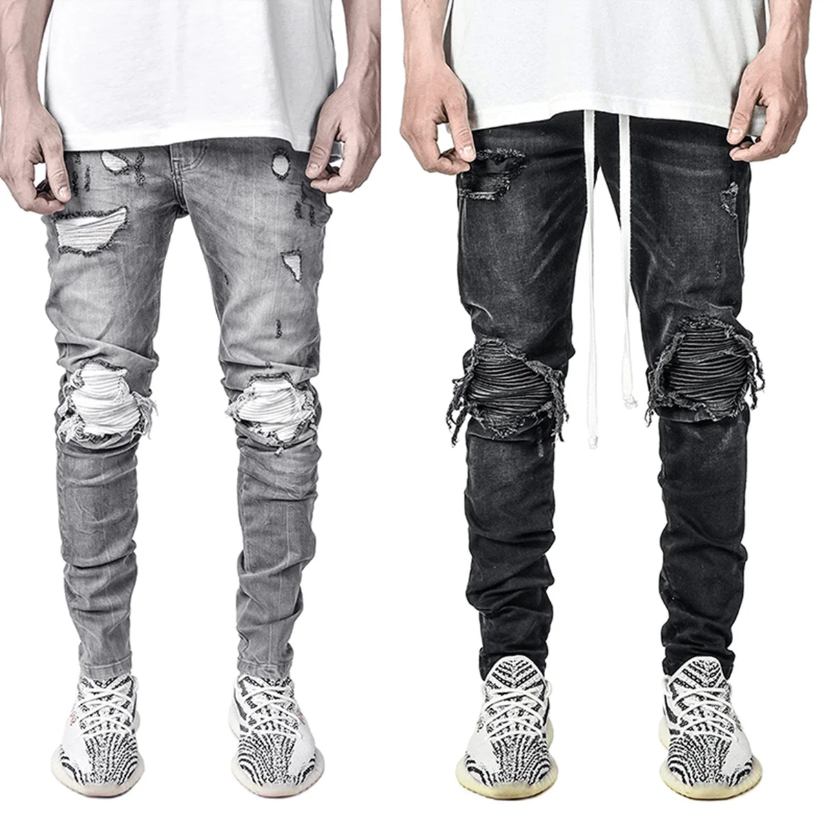 

2026 Spring Summer Men's Black Denim Jeans Pants Stretch Skinny Trousers Ripped Biker Bottoms