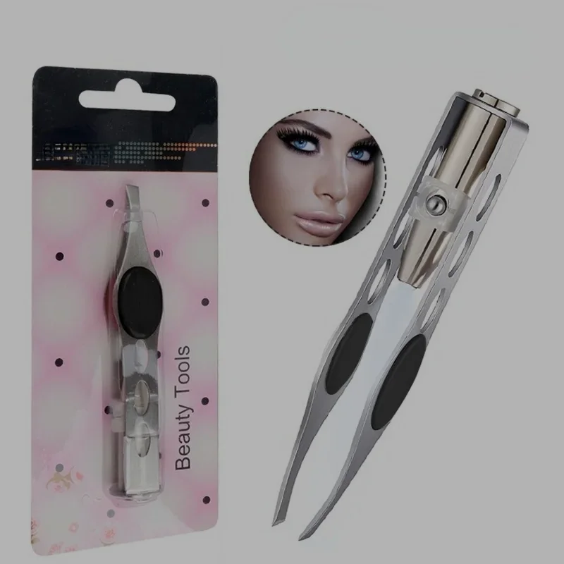 LED Eyebrow Tweezers Oblique Tip Eyebrow Trimming Clip Stainless Steel Eye Hair Removal Clamp False Eyelashes Curler Makeup Tool