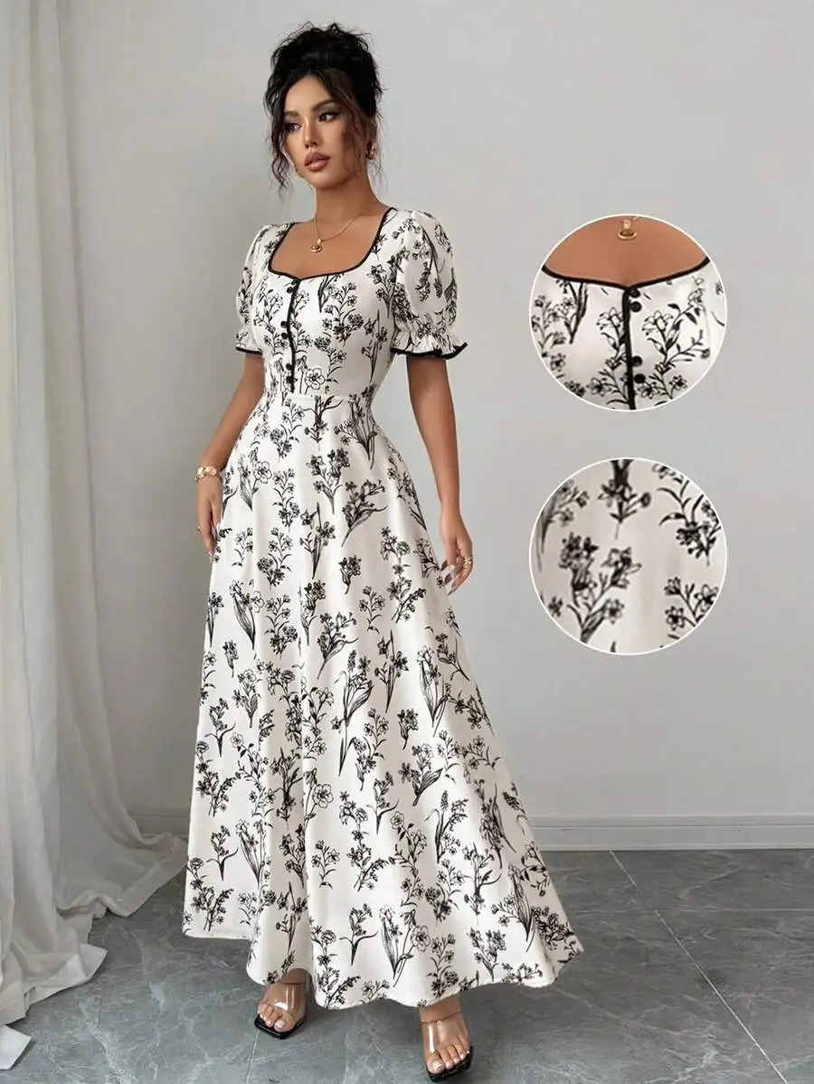 

Vintage Elegant Floral Print A-Line Maxi Dress With Square Neck For Women Casual Vacation Daily Wear Spring Summer