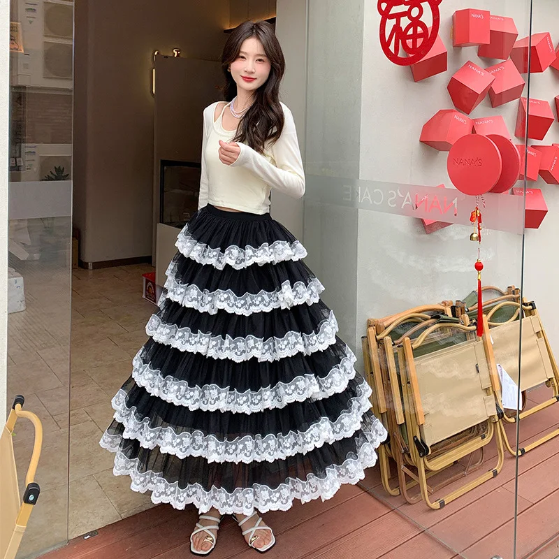 

French Sweet Lace Spliced Black A-line Skirt Women Spring Summer High Waist Tiered Cake Skirt Comfortable Casual Fairy Midi Skir