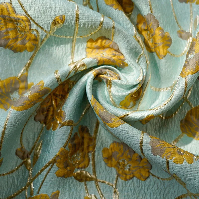 

Gold Silk Embossed Lake Green Yarn Dyed Jacquard Fabric Spring Autumn Tutu Skirt Palace Style Dress Making Fabric